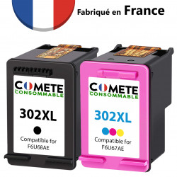 2 Cartouches MADE IN FRANCE compatibles HP 302XL - 1 Noir + 1 Couleurs, HP