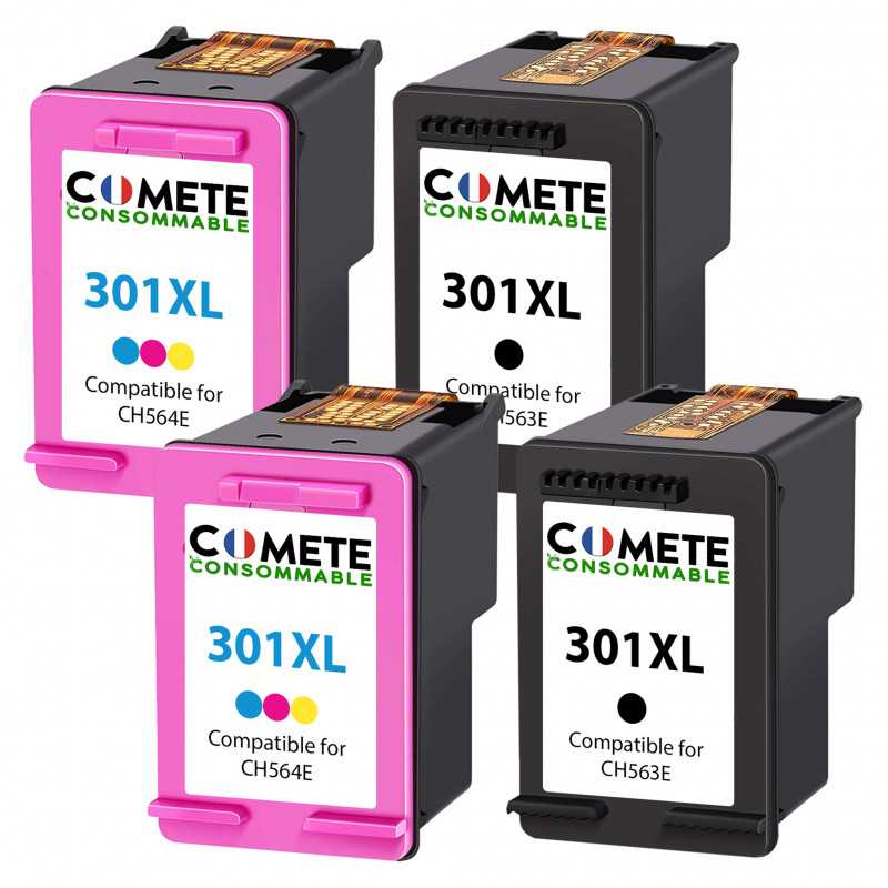 4 Cartouches compatibles HP 301XL - 2 Noir + 2 Couleurs, HP 4 Cartouches compatibles HP 301XL - 2 Noir + 2 Couleurs, HP