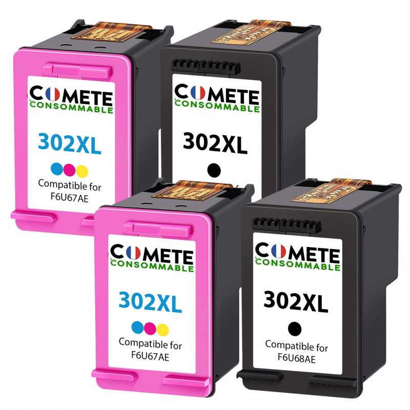 4 Cartouches compatibles HP 302XL - 2 Noir + 2 Couleurs, HP 4 Cartouches compatibles HP 302XL - 2 Noir + 2 Couleurs, HP