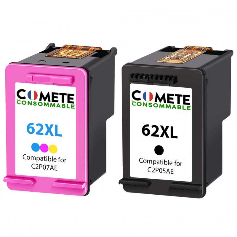 2 Cartouches compatibles HP 62XL - 1 Noir + 1 Couleurs, HP 2 Cartouches compatibles HP 62XL - 1 Noir + 1 Couleurs, HP