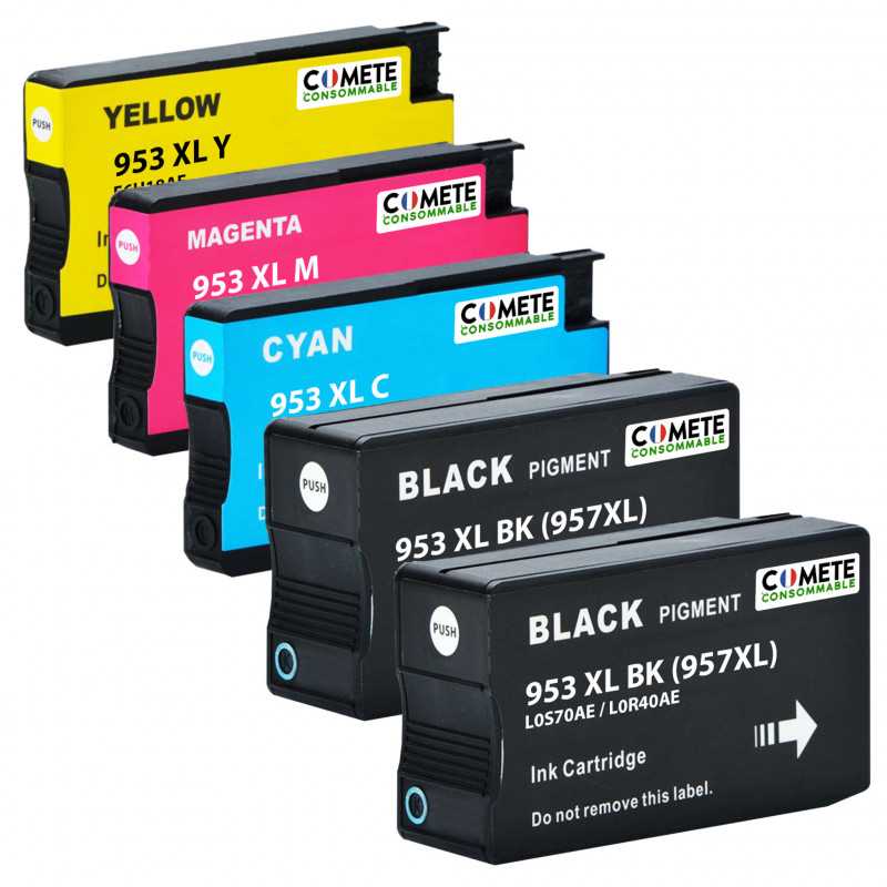 5 Cartouches compatibles HP 953XL - 2 Noir + 1 Cyan + 1 Magenta + 1 Jaune, HP 5 Cartouches compatibles HP 953XL - 2 Noir + 1 Cyan + 1 Magenta + 1 Jaune, HP