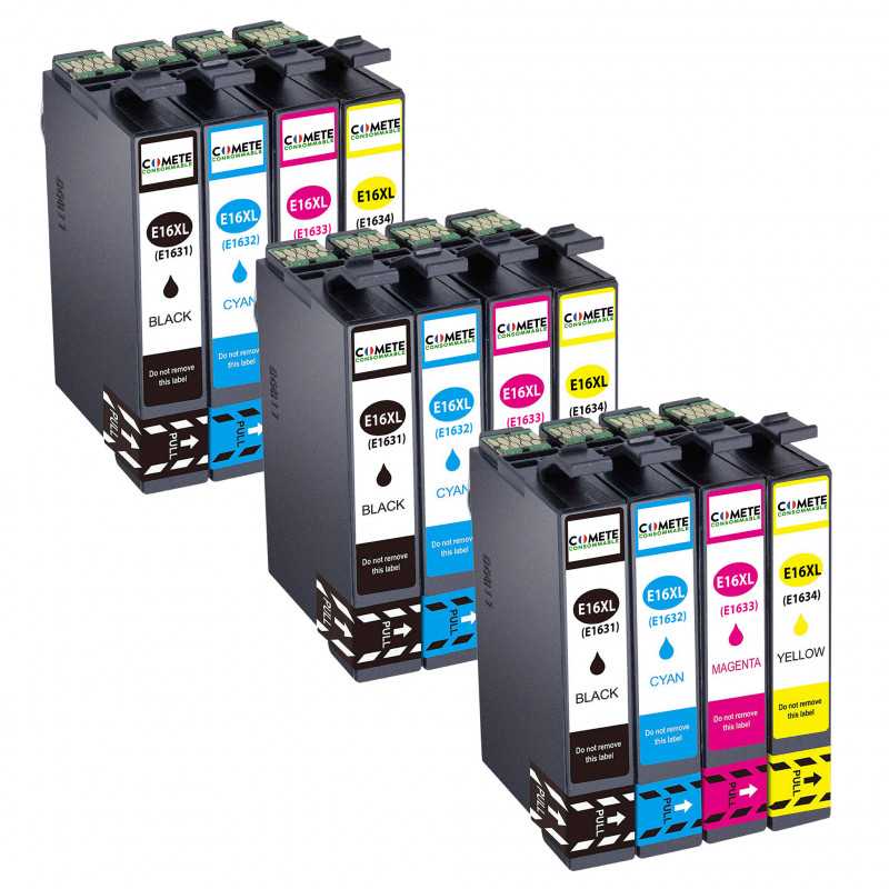 12 Cartouches 16XL compatibles Epson Workforce C13T16214010 - 3 Noir + 3 Cyan + 3 Magenta + 3 Jaune, EPSON