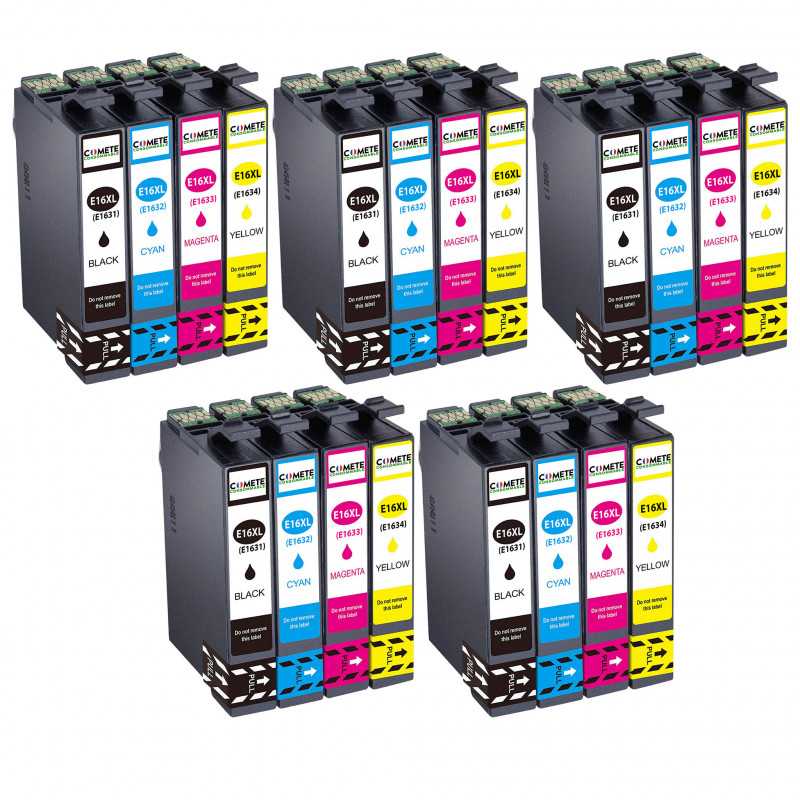 20 Cartouches 16XL compatibles Epson Workforce C13T16214010 - 5 Noir + 5 Cyan + 5 Magenta + 5 Jaune, EPSON 20 Cartouches 16XL compatibles Epson Workforce C13T16214010 - 5 Noir + 5 Cyan + 5 Magenta + 5 Jaune, EPSON