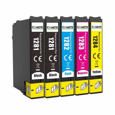 T1285 - 5 Cartouches d'encre Compatibles avec Epson Stylus - 2 Noir + 1 Cyan + 1 Magenta + 1 Jaune, EPSON