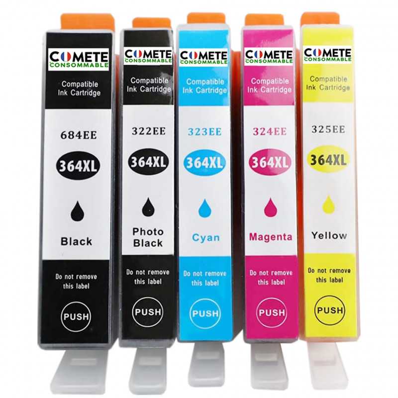 5 Cartouches compatibles HP 364XL - 2 Noir + 1 Cyan + 1 Magenta + 1 Jaune, HP 5 Cartouches compatibles HP 364XL - 2 Noir + 1 Cyan + 1 Magenta + 1 Jaune, HP