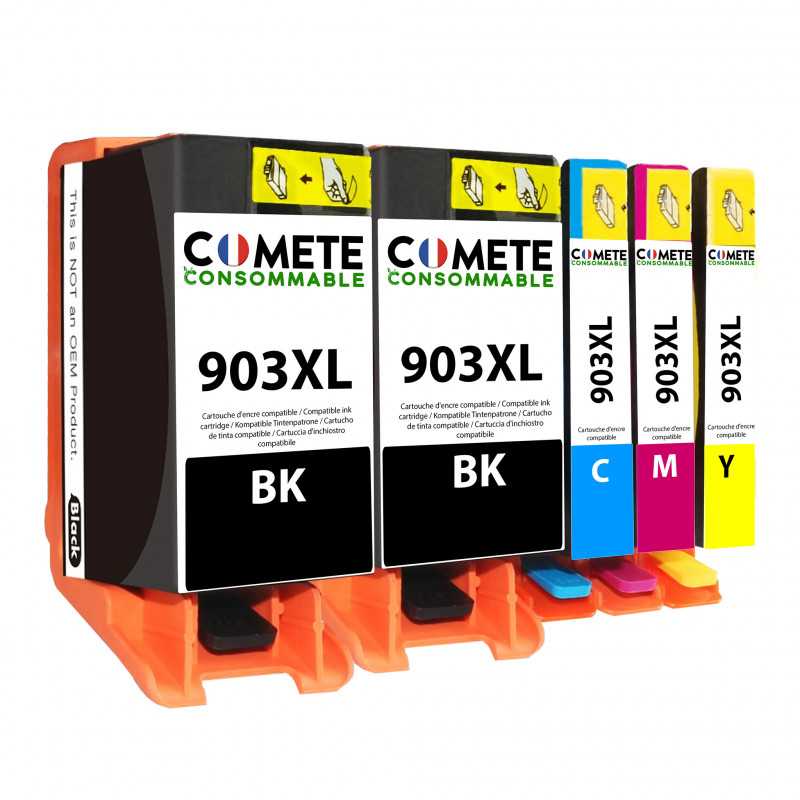 5 Cartouches compatibles HP 903XL - 2 Noir + 1 Cyan + 1 Magenta + 1 Jaune, HP 5 Cartouches compatibles HP 903XL - 2 Noir + 1 Cyan + 1 Magenta + 1 Jaune, HP