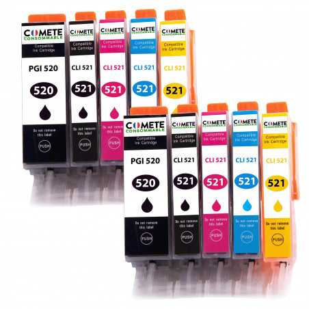 10 Cartouches Compatibles 520XL 521XL pour imprimantes Canon PIXMA PGI-520 CLI-521 - 2 Packs