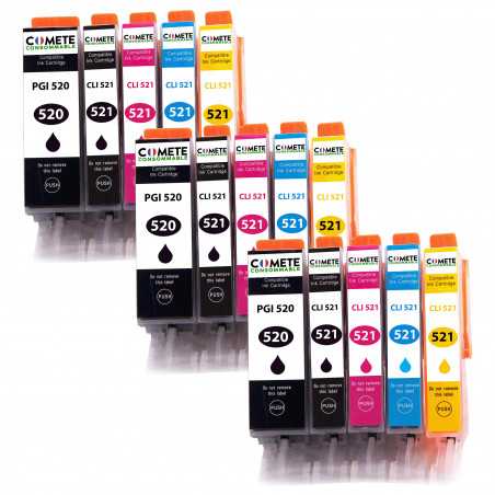 15 Cartouches Compatibles 520XL 521XL pour imprimantes Canon PIXMA PGI-520 CLI-521 - 3 Packs