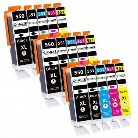15 Cartouches Compatibles 550XL 551XL pour imprimantes Canon PIXMA PGI-550 CLI-551 - 3 Packs