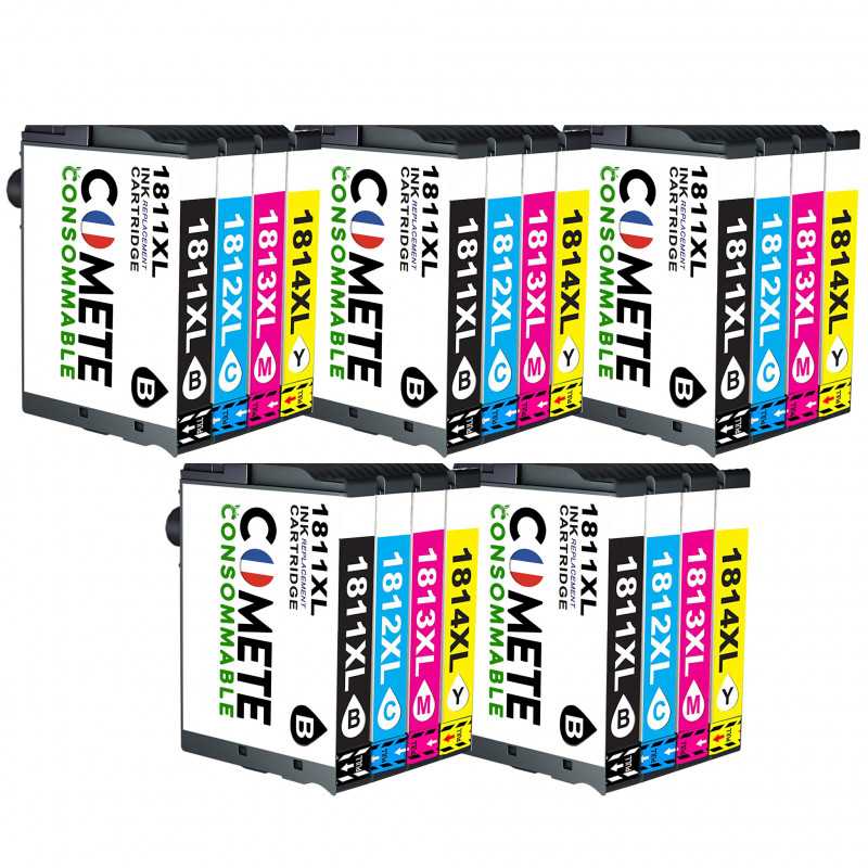 20 Cartouches compatibles Epson 18XL T18XL T1815 - 5 Noir + 5 Cyan + 5 Magenta + 5 Jaune, EPSON 20 Cartouches compatibles Epson 18XL T18XL T1815 - 5 Noir + 5 Cyan + 5 Magenta + 5 Jaune, EPSON