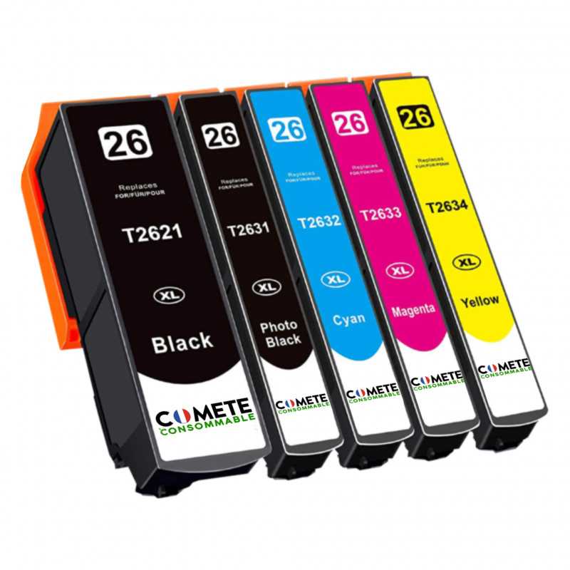 5 Cartouches 26XL Compatibles avec Epson 26 XL T2621 T2631 T2632 T2633 T2634 - 1 Pack, EPSON 5 Cartouches 26XL Compatibles avec Epson 26 XL T2621 T2631 T2632 T2633 T2634 - 1 Pack, EPSON