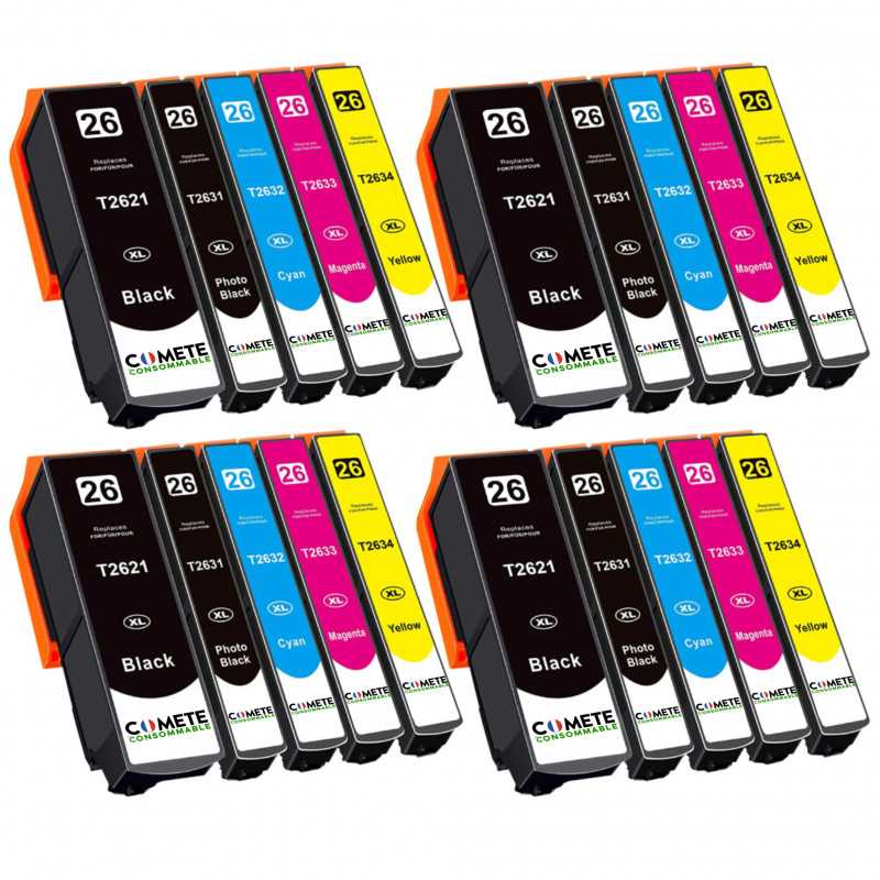 20 Cartouches 26XL Compatibles avec Epson 26 XL T2621 T2631 T2632 T2633 T2634 - 4Packs, EPSON 20 Cartouches 26XL Compatibles avec Epson 26 XL T2621 T2631 T2632 T2633 T2634 - 4Packs, EPSON