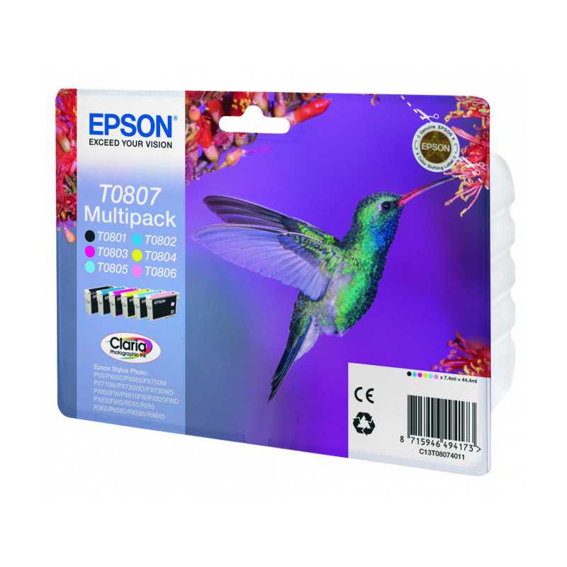 EPSON Multipack Colibri T0807 - Encres Claria 1 Noir + 1 Cyan + 1 Magenta + 1 Jaune 44,4ml, Racine EPSON Multipack Colibri T0807 - Encres Claria 1 Noir + 1 Cyan + 1 Magenta + 1 Jaune 44,4ml, Racine