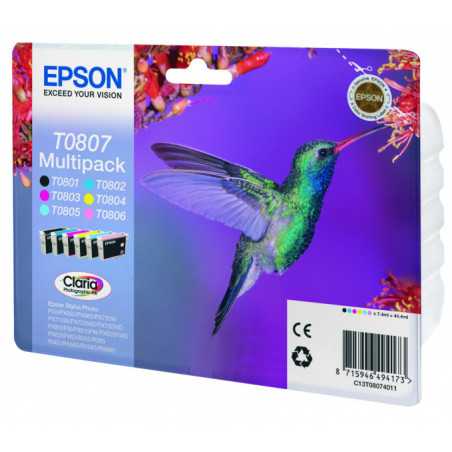 Epson Multipack Colibri T0807 - Encres Claria - 1 Noir + 1 Cyan + 1 Magenta + 1 Jaune  (44,4ml)