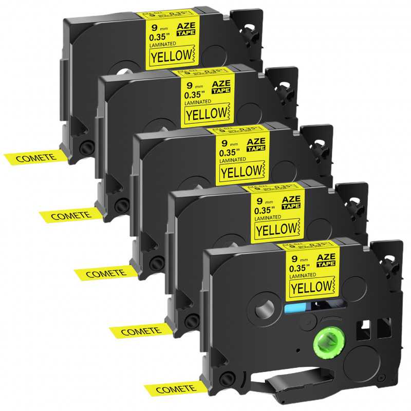 5 Rubans TZe-621 Noir sur Jaune cassette recharge pour étiqueteuse Brother, Racine 5 Rubans TZe-621 Noir sur Jaune cassette recharge pour étiqueteuse Brother, Racine