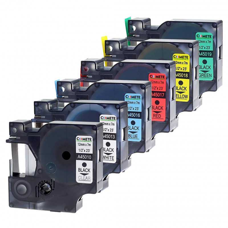 6 Rubans etiquettes compatibles DYMO 45010 BK ON CLEAR/WI/BL/RE/Y, Racine 6 Rubans etiquettes compatibles DYMO 45010 BK ON CLEAR/WI/BL/RE/Y, Racine
