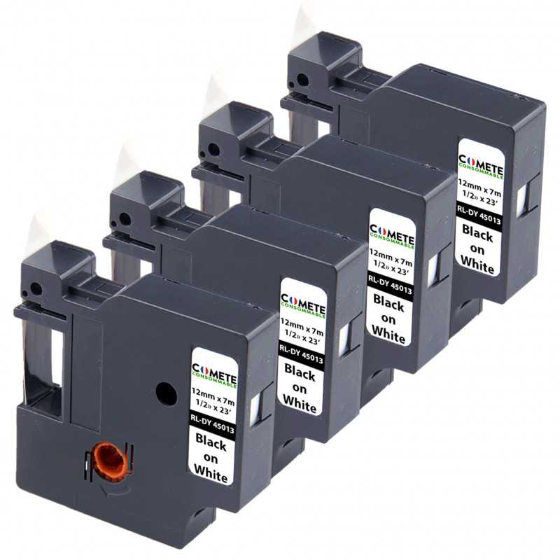 4 Rubans Compatibles pour Étiqueteuses Dymo D1 45013 S0720530 - 12mm x 7m Noir sur Blanc, Étiqueteuses 4 Rubans Compatibles pour Étiqueteuses Dymo D1 45013 S0720530 - 12mm x 7m Noir sur Blanc, Étiqueteuses