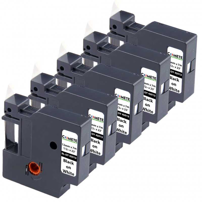 5 Rubans Compatibles pour Étiqueteuses Dymo D1 45013 S0720530 - 12mm x 7m Noir sur Blanc, Étiqueteuses 5 Rubans Compatibles pour Étiqueteuses Dymo D1 45013 S0720530 - 12mm x 7m Noir sur Blanc, Étiqueteuses