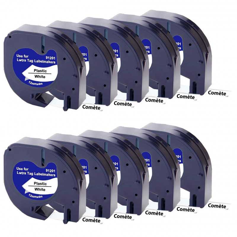 10 Rubans compatibles 91201 S0721610 pour Étiqueteuses Dymo Letratag