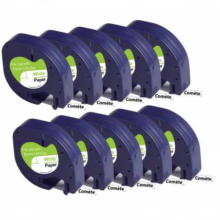 10 Rubans 91200 S0721510 Compatibles pour Etiqueteuses DYMO LetraTag - 12mm x 4m Noir sur Blanc