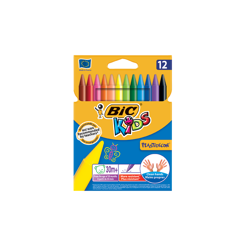 CRAYONS À CIRE DE 12 COULEURS KIDS PLASTIDÉCOR BIC