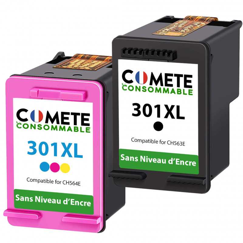 Pack de 2 cartouche compatible HP 301XL Sans niveau d'encre Noir Couleur, Racine Pack de 2 cartouche compatible HP 301XL Sans niveau d'encre Noir Couleur, Racine
