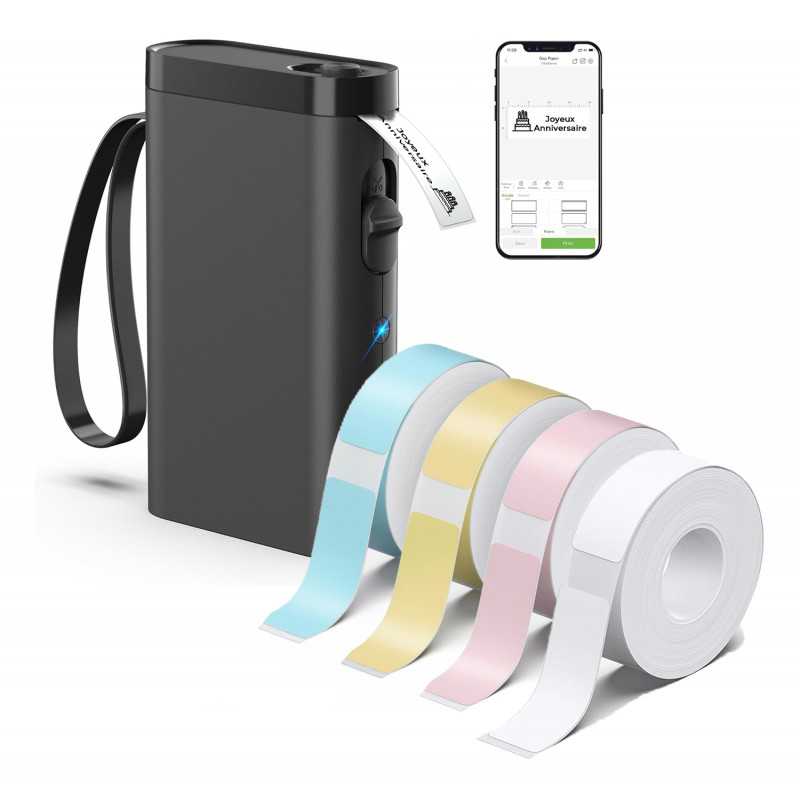 Imprimante d'étiquettes noire, Bluetooth P21, Étiqueteuse Portable avec 4 Rubans Adhésifs : 1 Blanc, 1 Bleu, 1 Rose et 1 Jaune Imprimante d'étiquettes noire, Bluetooth P21, Étiqueteuse Portable avec 4 Rubans Adhésifs : 1 Blanc, 1 Bleu, 1 Rose et 1 Jaune