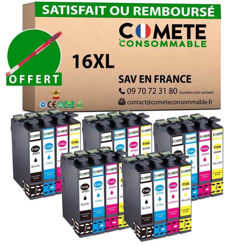 20 Cartouches 16XL compatibles Epson Workforce C13T16214010 - 5 Noir 20 Cartouches 16XL compatibles Epson Workforce C13T16214010 - 5 Noir