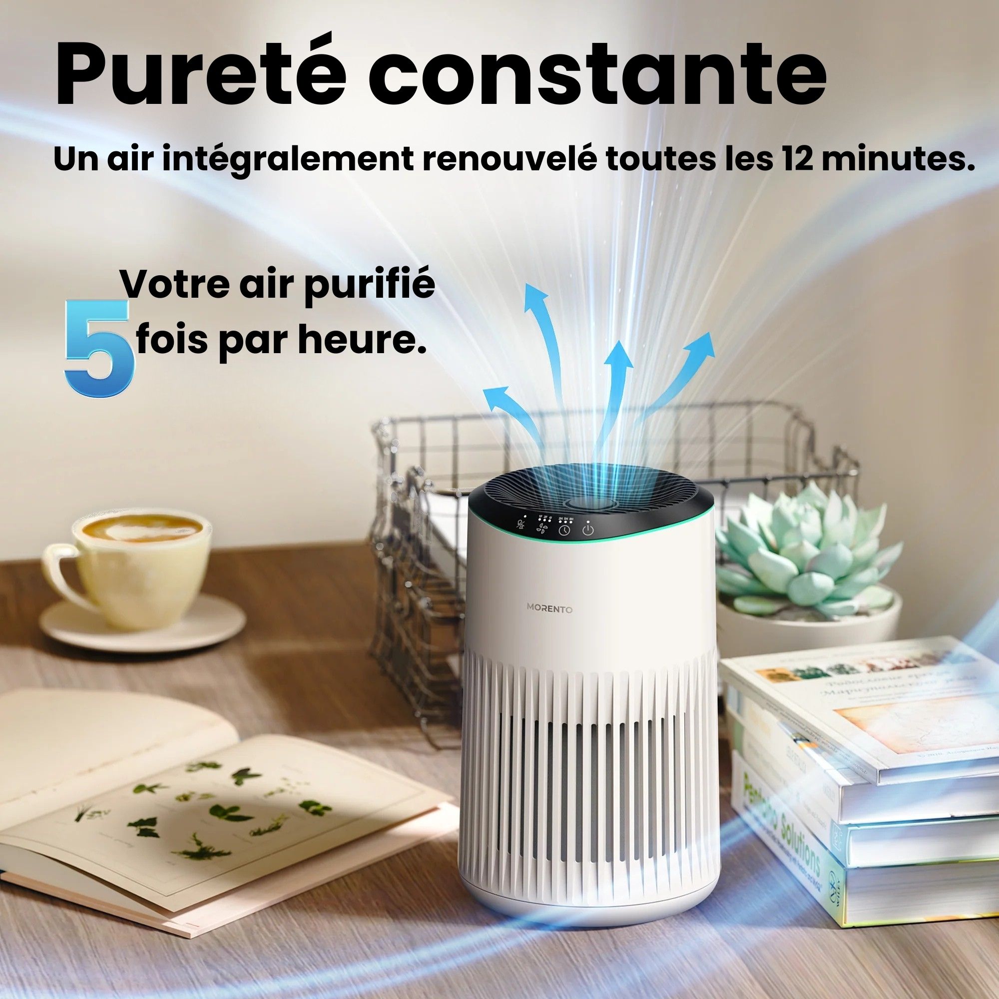 Infographie montrant le renouvellement de l'air 5 fois par heure pour une pureté constante dans une pièce