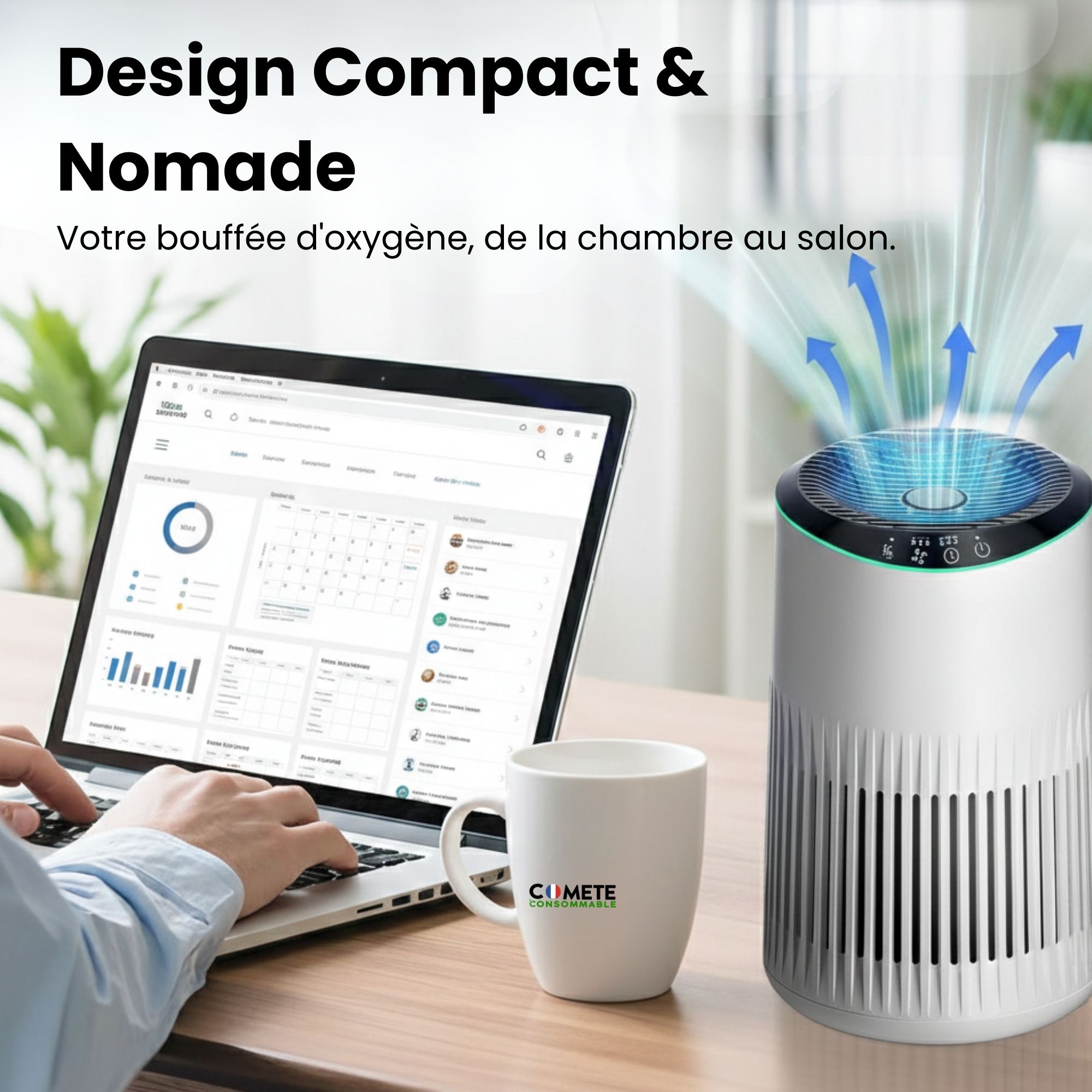 Purificateur d'air design sur un bureau moderne à côté d'un ordinateur et d'un mug, ambiance de travail saine