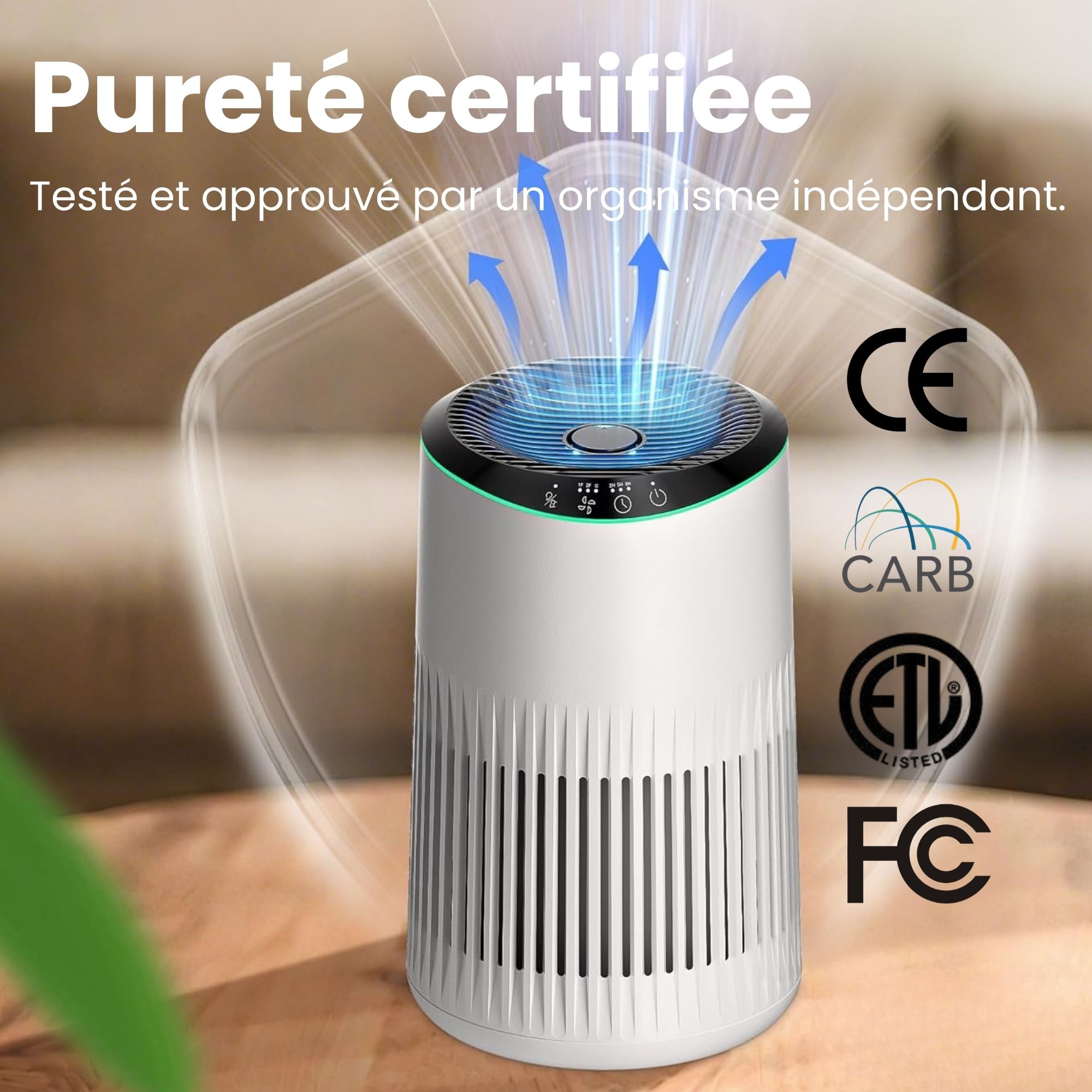 Certifications de qualité et logos de pureté certifiée pour purificateur d'air domestique