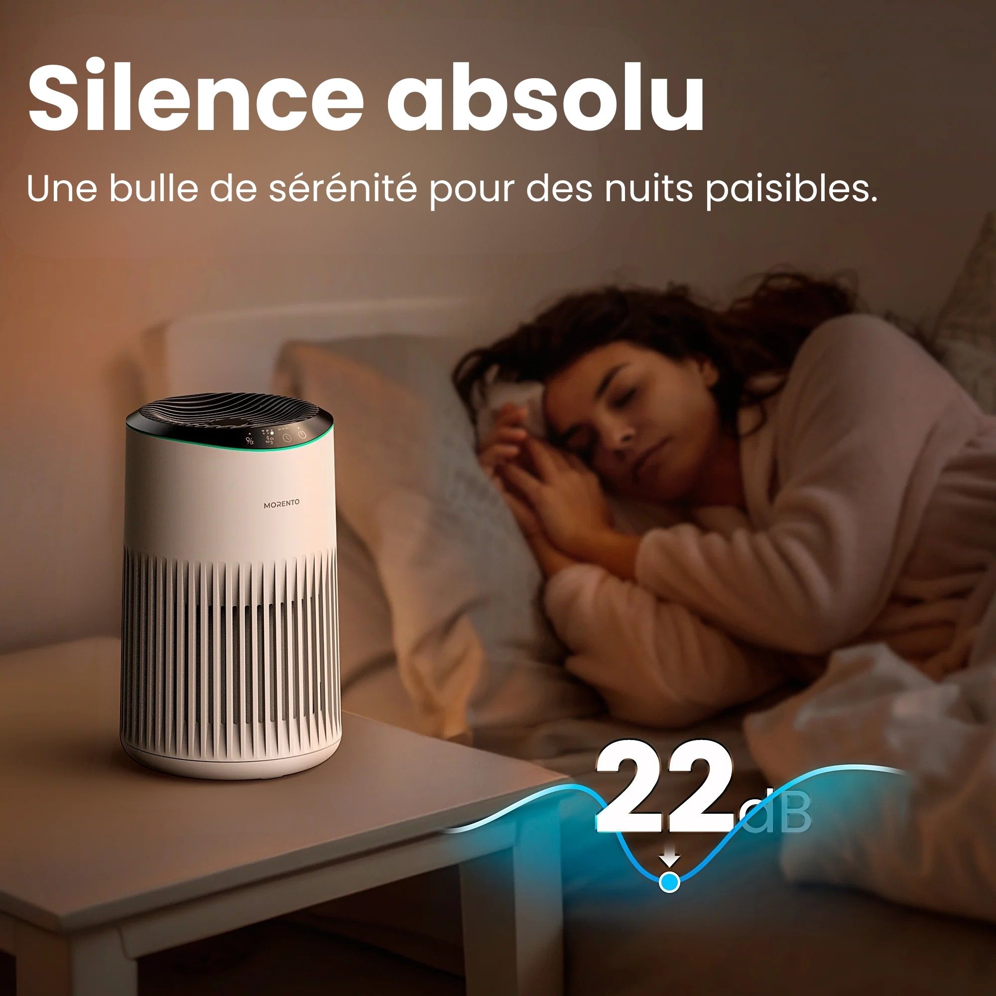 Purificateur d'air silencieux 22dB mode nuit dans une chambre à coucher pour un sommeil paisible